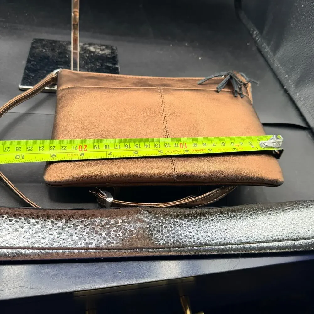 ILI New York Bronze Metallic Leather Crossbody Bag Tassel Organizer